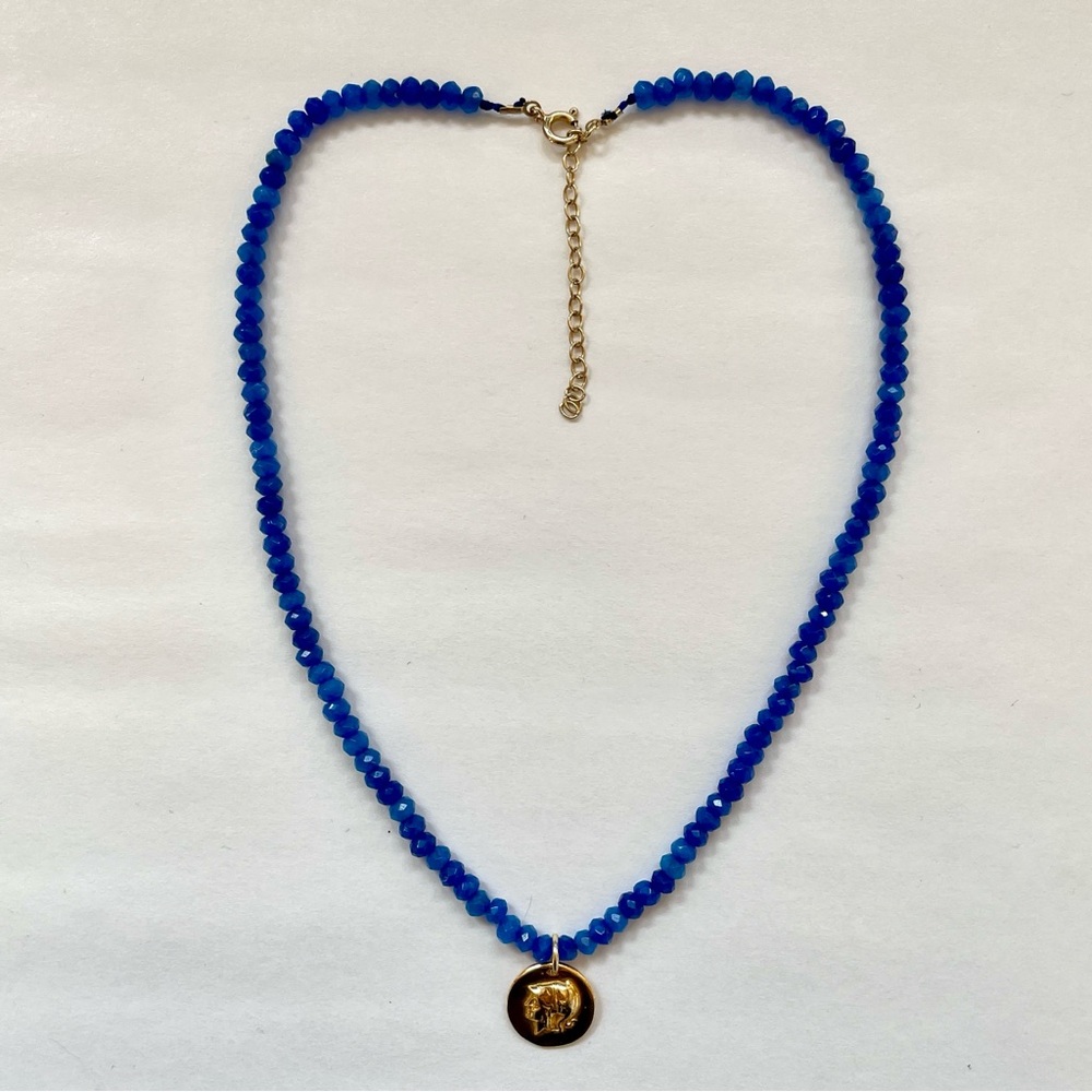 Greek Gold Coin Athena Pendant on Lapis Lazuli Beaded Necklace, NWT